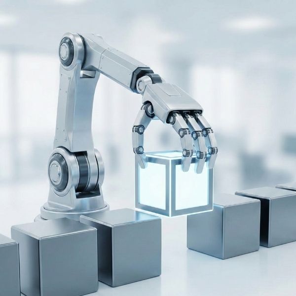 Robotic arm organizing digital blocks to illustrate automated business workflows.