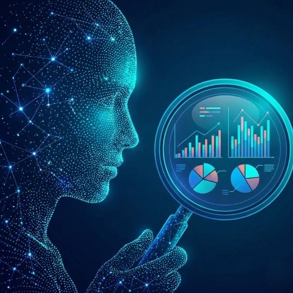 Digital silhouette analyzing colorful charts representing AI-driven marketing data strategies.