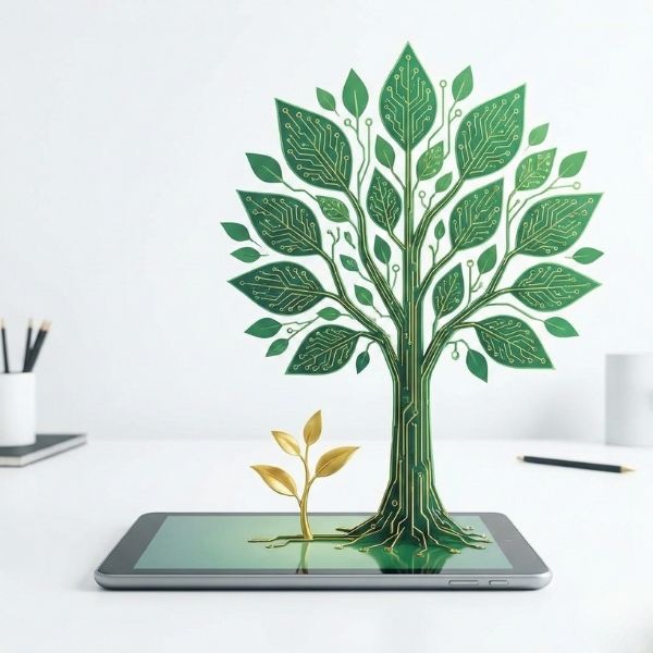 Digital tree growing from a tablet symbolizing scalable business growth through AI.