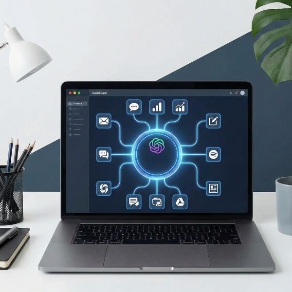 Multiple app icons merging into a single laptop dashboard representing an all-in-one AI subscription.