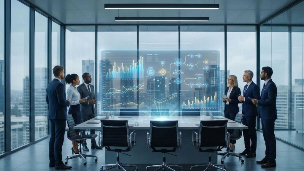 Professionals analyzing data on a holographic display representing powerful AI business results.