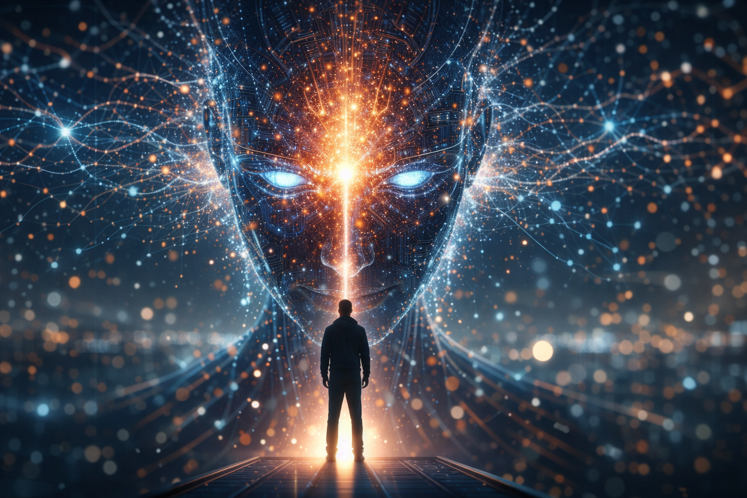 Human figure connecting with a powerful artificial intelligence entity in a futuristic digital landscape